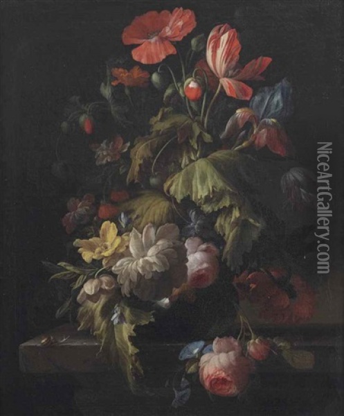 A Poppy, Tulip, Chrysanthemum, Morning Glory, Roses And Various Other Flowers In A Vase, All On A Stone Ledge, With A Snail Oil Painting - Elias van den Broeck