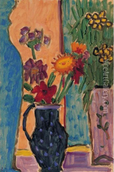 Grosses Stilleben: Blumen Mit 
Blauen Vasen Und Rosa Tapete (large Still-life: Flowers With Blue Vases 
And Pink Wall-paper) Oil Painting - Alexei Jawlensky