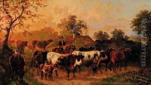 Untitled - Horse Rider And Cows Oil Painting - Gerhard Sy