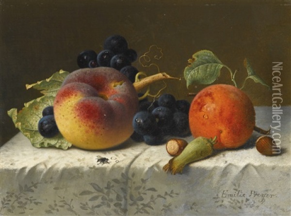 Still Life With Peach, Apricot, Grapes And Hazelnuts On A Tablecloth Oil Painting - Emilie Preyer