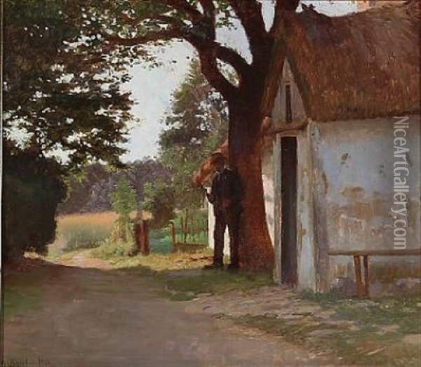 A Smoking Man At A White Farm Oil Painting - Gustav Vermehren