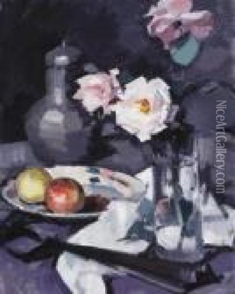 A Still Life Of Roses, Apples And Coffee Pot Oil Painting - Samuel John Peploe