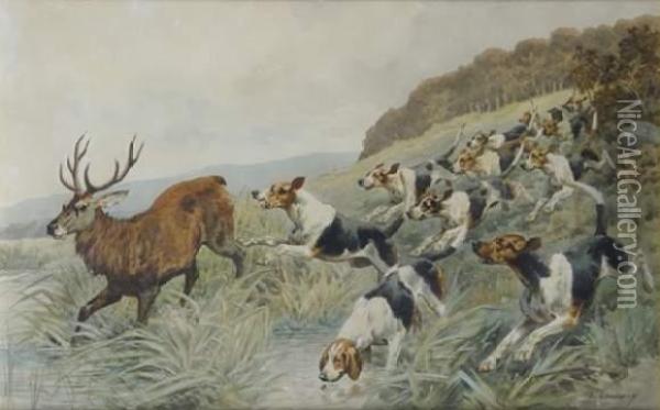 Cerf Hallali Courant Et Chiens Oil Painting - Charles Fernand de Condamy