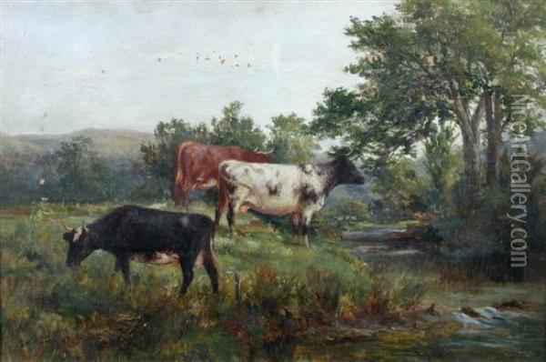Cattle Grazing By A River Bank Oil Painting - Squire Howard