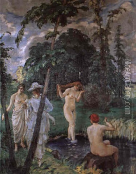 Badende Frauen Am Teich Oil Painting - Rudolf Vejrych