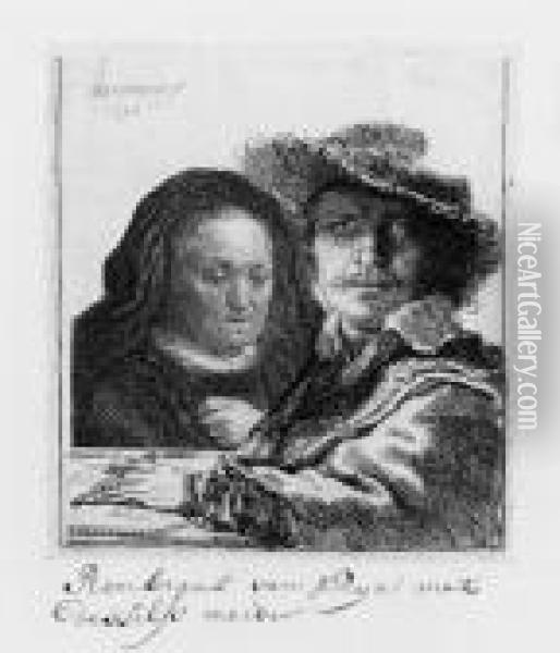Self Portrait With The Artist's Mother With Her Hand On Her Chest:small Bust Oil Painting - Rembrandt Van Rijn