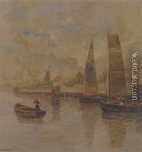 Hollandische Flusslandschaft Mit Fischerbooten Oil Painting - Georg Fischhof