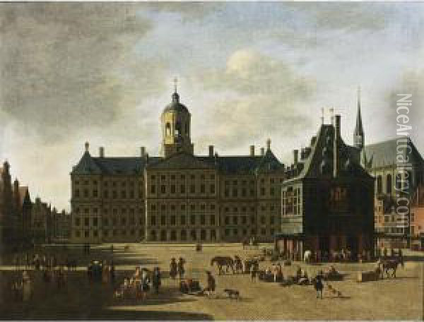Amsterdam: A View Of The Dam With The Town Hall, The Nieuwe Kerk And The Waag Oil Painting - Gerrit Adriaensz Berckheyde