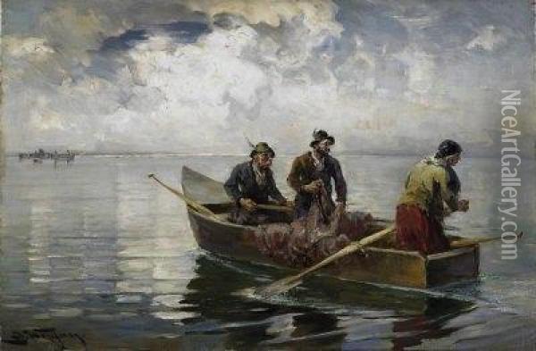 Chiemsee Fishermen. Signed Lower Left: J. Wopfner Oil Painting - Josef Wopfner