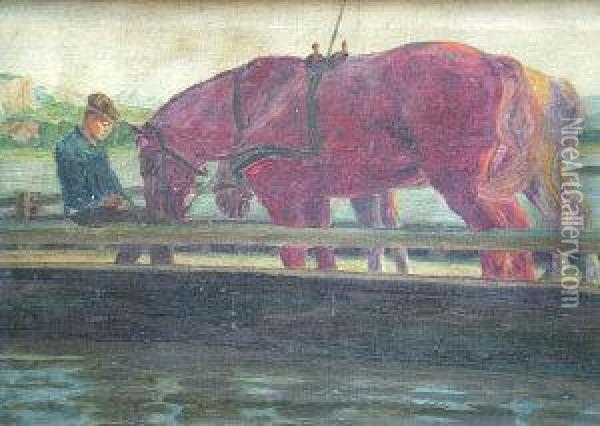 Metzger, - Horses Being Ferried Across A River Oil Painting - Adalbert Metzger
