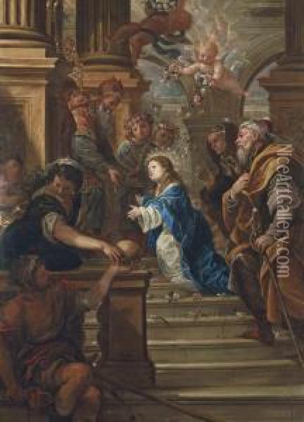 The Presentation Of The Virgin In The Temple With Saints Anne And Joachim Oil Painting - Francisco Rizi