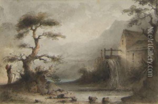Traveller In Landscape By An Oldwatermill Oil Painting - Edward Bird