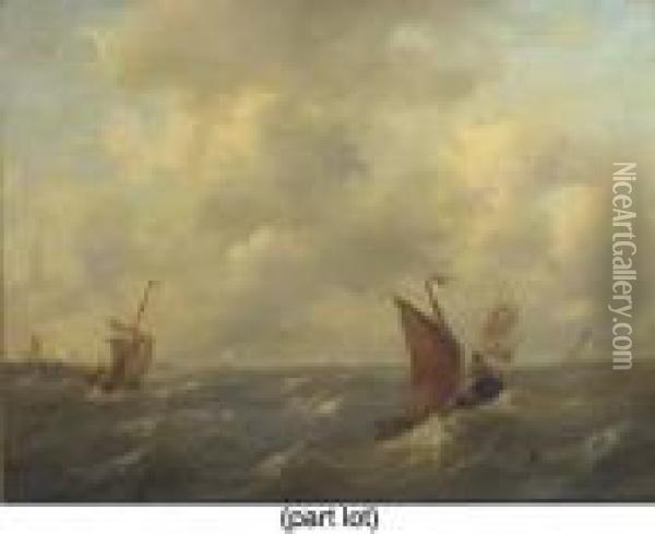 A Rough Sea With A Dutch Hoy Leaving Port, A Threemaster On The Horizon Oil Painting - Govert Van Emmerik