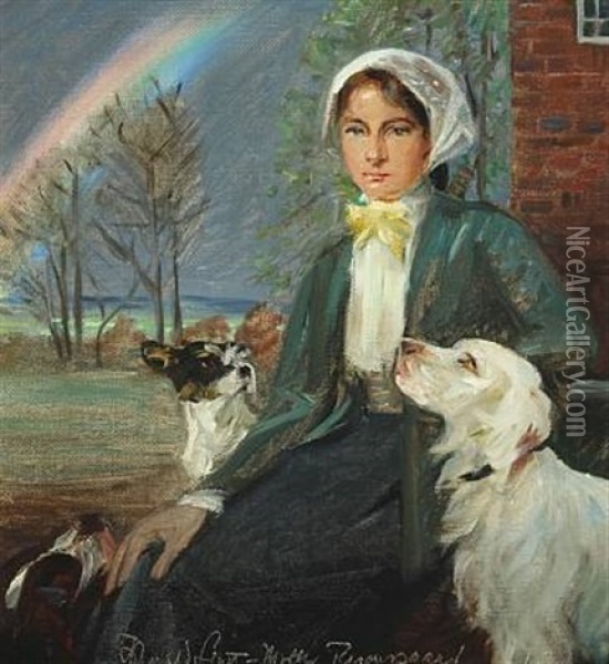 Under The Rainbow. A Young Woman With Her Dogs At Ryomgaard Oil Painting - Harald Slott-Moller