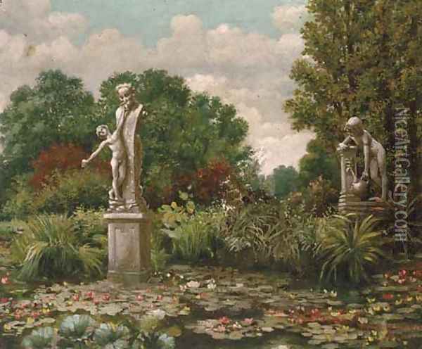 An ornamental garden with a lily pond Oil Painting - F. Van Der Weegen