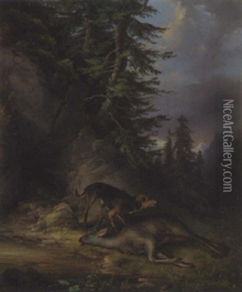 Jagdhund, Der Einen Erlegten Hirsch Verbellt Oil Painting - Friedrich Gauermann