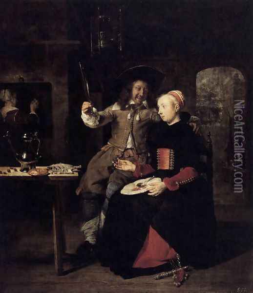 Portrait of the Artist with His Wife Isabella de Wolff in a Tavern 1661 Oil Painting - Gabriel Metsu