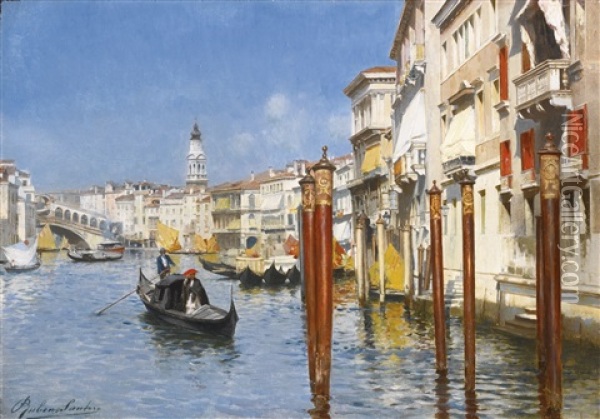 The Grand Canal With The Rialto Bridge, Venice Oil Painting - Rubens Santoro