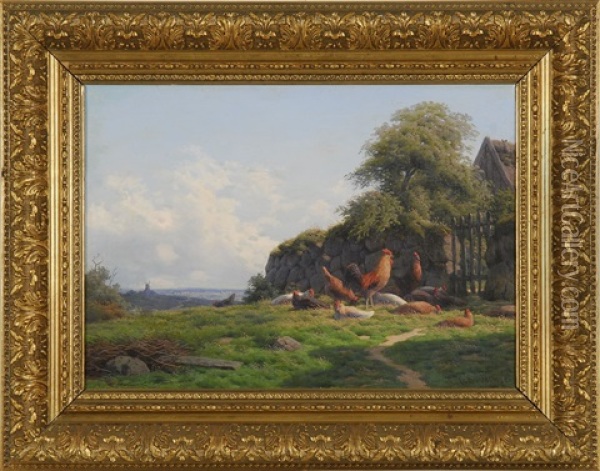 Country Landscape With Roosters Oil Painting - Carl Frederik Bartsch
