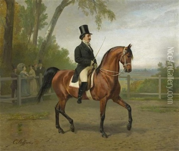 Eleganter Reiter Auf Braunem Pferd Oil Painting - Carl Constantin Steffeck