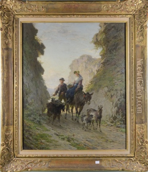 Paysage De Montagne Avec Couple De Bergers Oil Painting - Andre Plumot