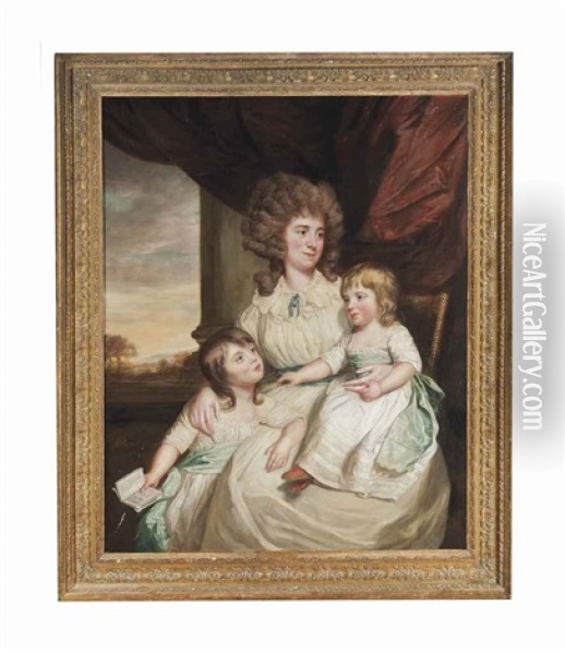 Portrait Of Mrs. Helyar Junior, Three-quarter-length, In A White Dress, With Her Two Children Harriet And Henry, Before A Draped Column, A Landscape Beyond Oil Painting - Thomas Beach
