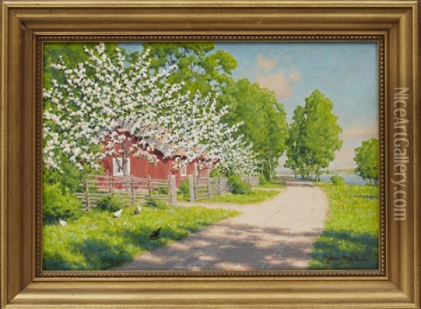 Sommarlandskap Med Pickande Hons Oil Painting - Johan Fredrik Krouthen