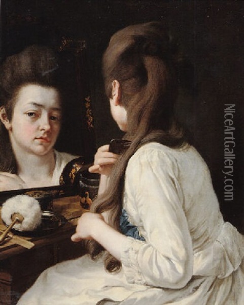 A Young Lady Seated With Her Back Turned And Looking At Herself In A Mirror Oil Painting - Johann Anton de Peters