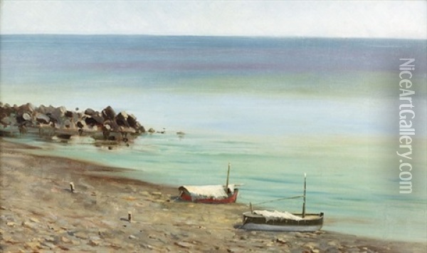Sonnige Kustenpartie Mit Zwei Booten Auf Dem Strand Oil Painting - Mose di Giosue Bianchi