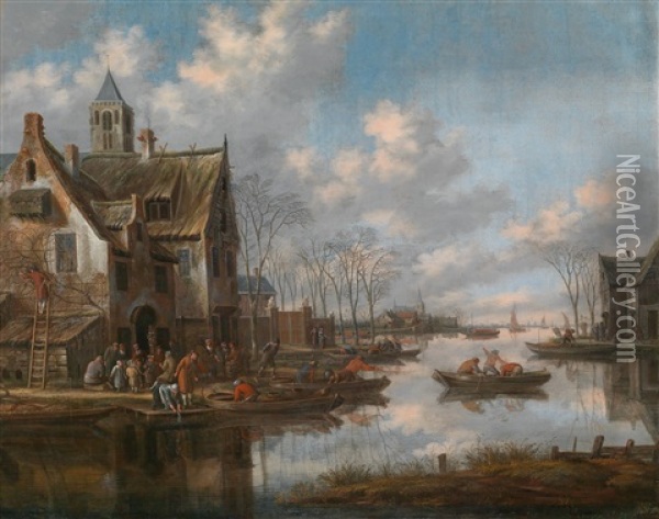 Eine Flusslandschaft Mit Fahrbooten Oil Painting - Thomas Heeremans