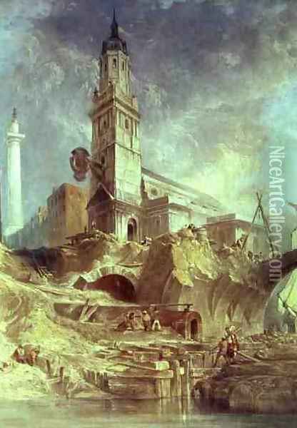 Demolishing Old London Bridge with St Magnus the Martyr behind Oil Painting - James Holland