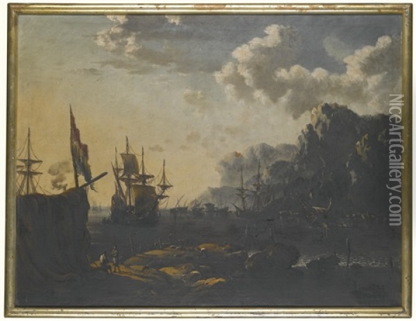 A Pair Of Mediterranean Harbour Views Oil Painting - Johann Anton Eismann