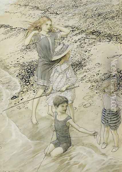 Four Children at the Seashore, 1910 Oil Painting - Arthur Rackham