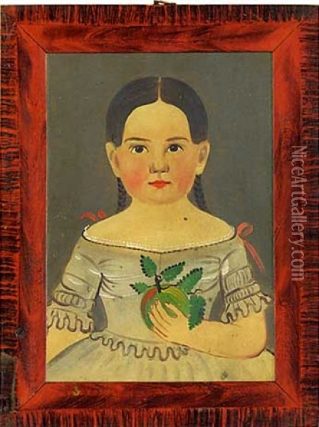 Portrait Of A Young Girl With Black Braids, Wearing A Gray Dress And Holding A Green Apple Oil Painting - Sturtevant J. Hamblen