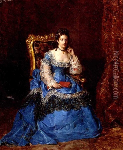 Duchesse Marie Pauline, In An Ultramarine Silk Dress, Seated In An Ornate Gilded Chair Oil Painting - Cesare Auguste Detti
