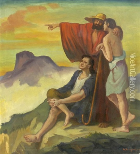 Weisender Hirte Mit Schaferpaar Auf Einem Gipfel Oil Painting - Franz Reinhardt the Elder