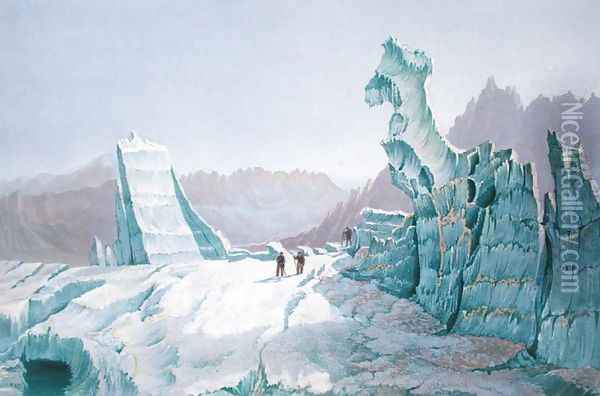 Icebergs on the Glacier des Bossons, looking towards the Valley 1859 Oil Painting - Edward Thomas Coleman