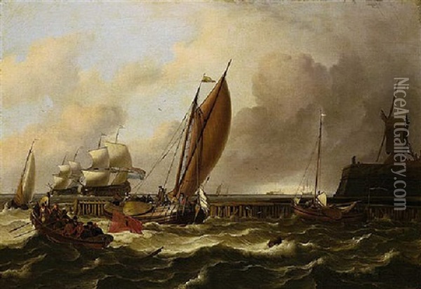 A Seascape With A Jetty And Windmill, A Fishing Boat Flying The Amsterdam Flag And Smaschips On Choppy Seas, Larger Shipping Vessels Beyond Oil Painting - Ludolf Backhuysen the Elder