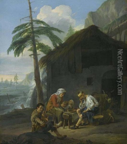 Peasant Family Before A Mill. Oil Painting - Johannes Lingelbach
