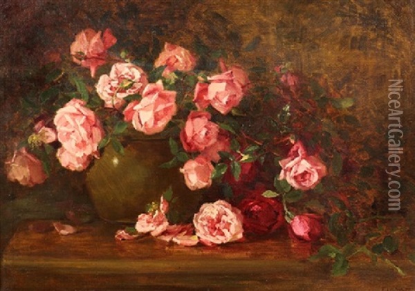 Still Life Of Roses In A Vase Oil Painting - Edith White