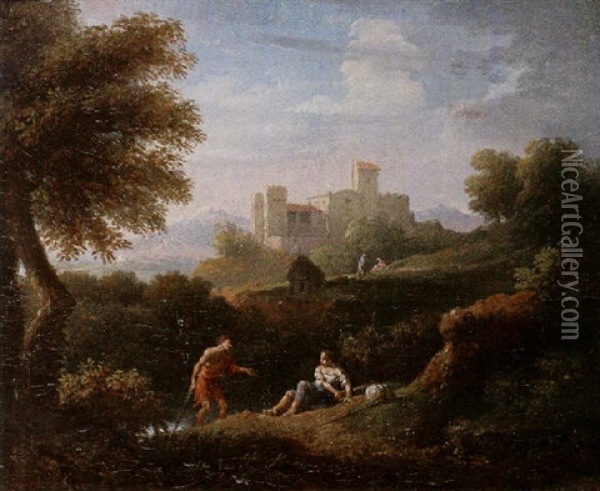 An Arcadian Landscape With A Traveller And A Lady Resting On A Path, A Castle Beyond Oil Painting - Jan Frans van Bloemen