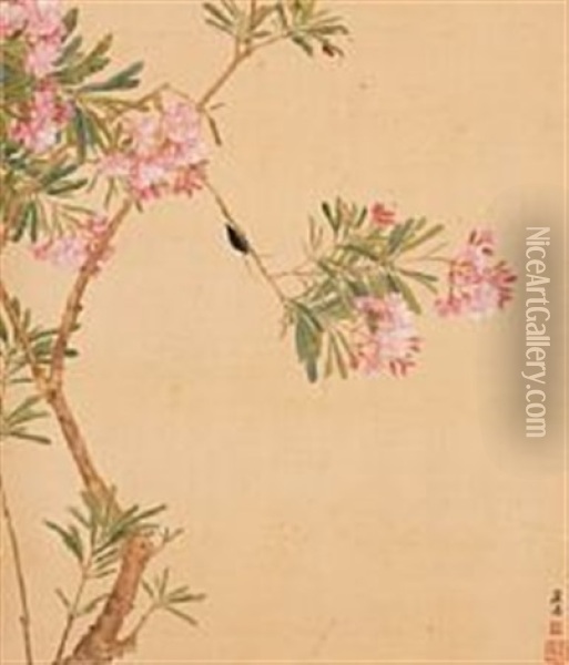 Chinese Scroll Decorated In Colours With Oleander And Two Beetles Oil Painting -  Ju Lian
