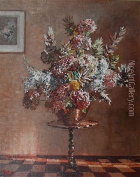 Still Life With Flowers In An Interior Oil Painting - Robert Gwelo Goodman