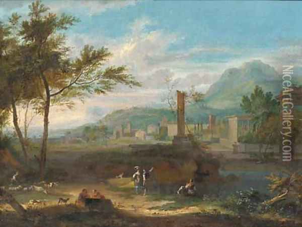 An Italianate landscape with classical ruins and figures in the foreground Oil Painting - Jean-Francois Millet