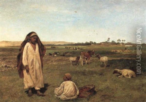 Young Arabs Minding Cattle In The Fields, Egypt Oil Painting - David Bates