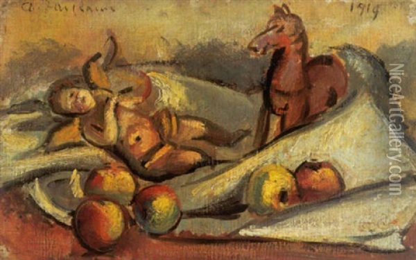Stilleben Mit Apfeln, Putto Und Pferdchen Oil Painting - Anton Faistauer