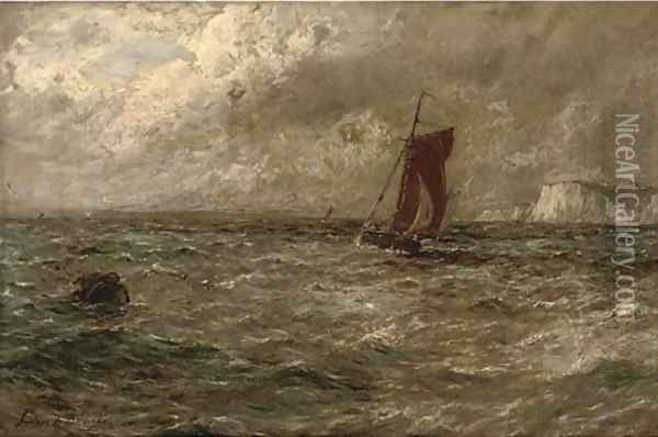 A fishing boat off a coastline, in a stormy sea Oil Painting - Gustave de Breanski