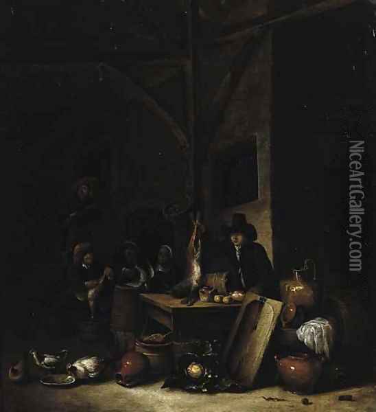 A sportsman displaying a dead hare with peasants preparing game beyond Oil Painting - Hendrick Hendricksz. Bogaert