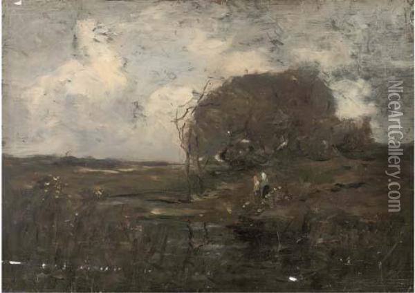 Figures In A Stormy Landscape Oil Painting - William Renison