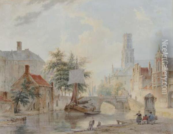 A View In Deventer (?) With A Moored Barge On A Canal Oil Painting - Bartholomeus J. Van Hove